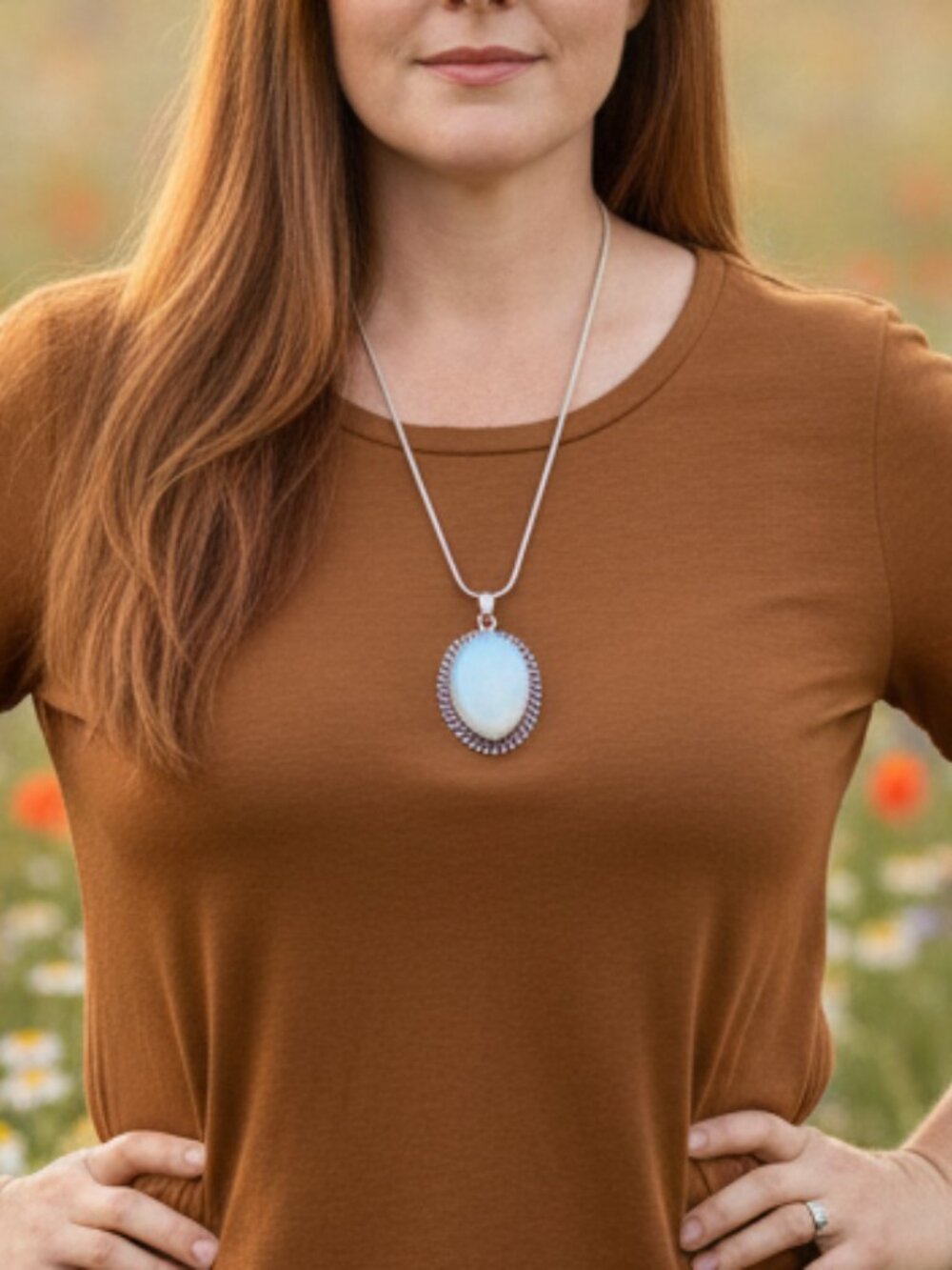 Opalite Gemstone Silver Pendant with Silver Chain Necklace